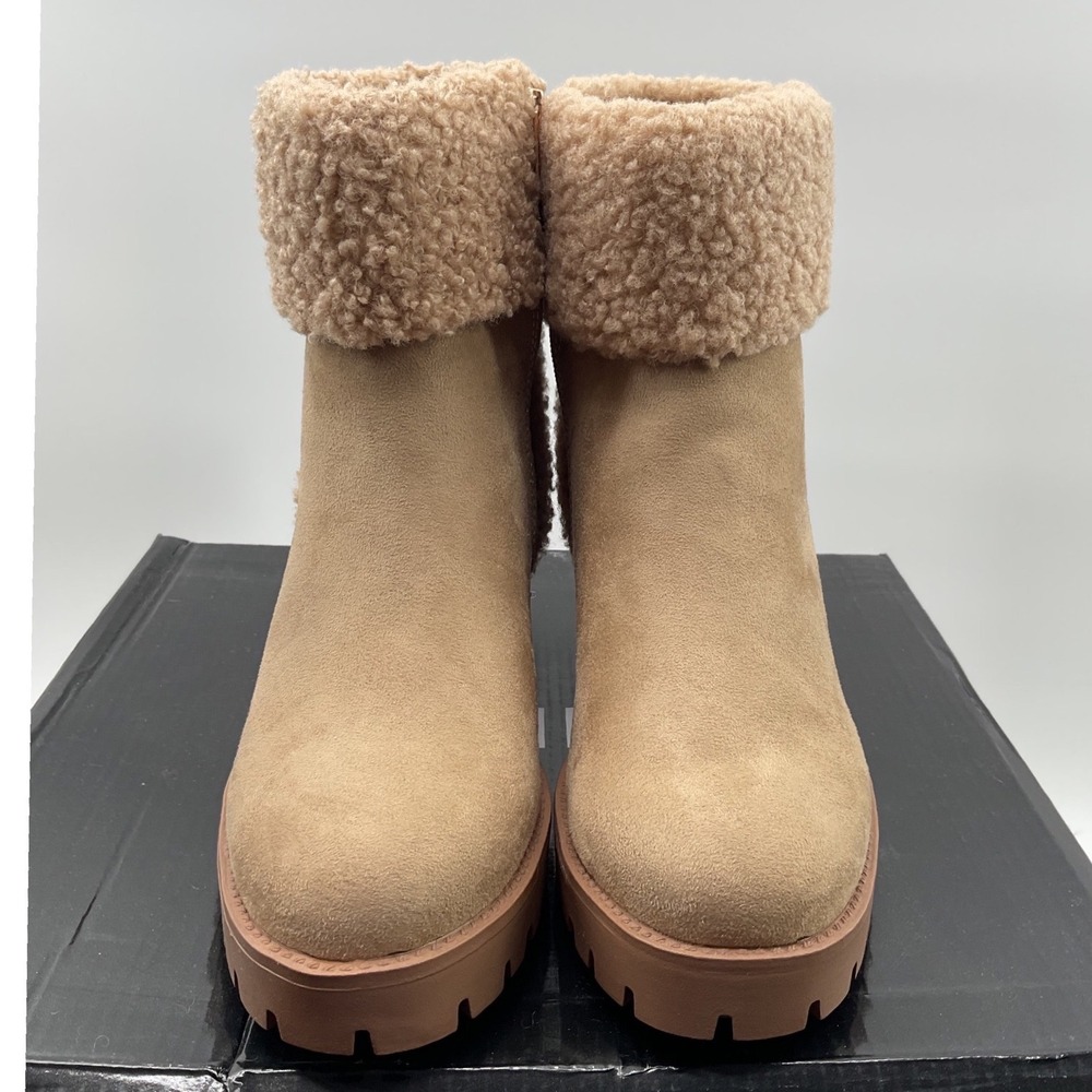 Jones New York Osena Tan Faux Suede Shearling Trim Lug Sole Ankle Boots Size 8